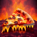 Perfect cheesy pizza slice on hot volcanic lava fiery background fast food Royalty Free Stock Photo