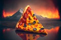 Perfect cheesy pizza slice on hot volcanic lava fiery background fast food