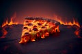 Perfect cheesy pizza slice on hot volcanic lava fiery background fast food