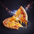 Perfect cheesy pizza slice on hot volcanic lava fiery background fast food