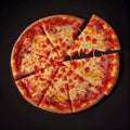 Perfect cheesy round cut sliced pizza slices on black background fast food