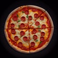 Perfect cheesy round cut sliced pizza slices on black background fast food