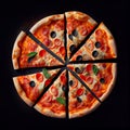 Perfect cheesy round cut sliced pizza slices on black background fast food