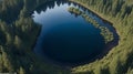 An almost perfect circular lake shot straight down from the air resembles the earth surrounded by a pine forest Royalty Free Stock Photo