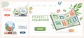 Perfect collection vector flat landing page templates. Postage stamps, glass snowballs and ships collections.