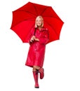 Perfect cover. Attractive woman sheltering herself with her red umbrella - isolated on white. Royalty Free Stock Photo