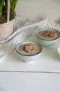 Mushroom Cream Soup With Bread Crumbs In Two Deep Bowls