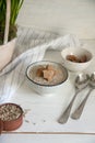 Mushroom cream soup with bread crumbs in two deep bowls Royalty Free Stock Photo