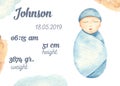 Watercolor metric card with cute newborn baby boy blue