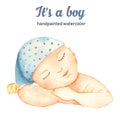 Watercolor newborn baby boy sleeping in a blue cap, gnome