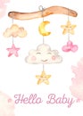 Watercolor card with mobile baby newborn cute girl baby