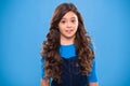 Perfect curling hair. Teaching healthy hair care habits. Kid girl long healthy shiny hair. Kid happy cute face with Royalty Free Stock Photo