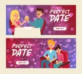 Perfect date set of banners vector illustration. People sitting in restaurant and drinking champagne. Cople drinking