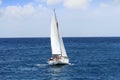 Sloop sailboat on a quiet sea in open waters.