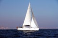 Sloop sailboat on a quiet sea in open waters. Royalty Free Stock Photo