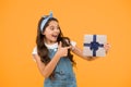 Perfect day. shopping online delivery. cheerful kid open wrapped box. best resent ever. gift she expected. small girl Royalty Free Stock Photo