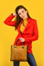 Perfect design. Fashionable woman in jacket. Fashion autumn winter. female trendy beauty. handbag and accessories Royalty Free Stock Photo