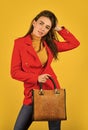 Perfect design. Fashionable woman in jacket. Fashion autumn winter. female trendy beauty. handbag and accessories Royalty Free Stock Photo