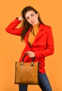 Perfect design. Fashionable woman in jacket. Fashion autumn winter. female trendy beauty. handbag and accessories Royalty Free Stock Photo