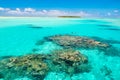 Couple snorkeling in turquoise clear water with coral reefs, South Pacific Ocean with Island, Aitutaki, Cook Islands Royalty Free Stock Photo