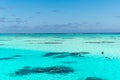 People snorkeling in turquoise clear water with coral reefs, South Pacific Ocean, Aitutaki, Cook Islands