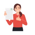 Perfect education marks success concept. Smiling happy girl cartoon character standing holding document test in school or Royalty Free Stock Photo