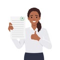 Perfect education marks success concept. Smiling happy girl cartoon character standing holding document test in school or Royalty Free Stock Photo