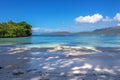 Perfect empty Caribbean sandy beach with clear water and green palm trees