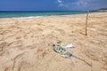 Perfect empty unspoiled beach, small pile of rubbish tangled pl