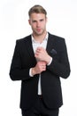 Perfect in every detail. Man well groomed unbuttoned white collar elegant formal suit isolated white background. Macho
