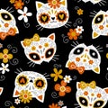 Hand drawn seamless pattern with cute sugar cat skulls and flowers.