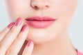Perfect female lips closeup. Pink lips makeup