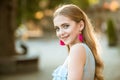 Perfect female. Stylish and confident. Beauty and fashion look of model. happy woman with stylish makeup and long blonde Royalty Free Stock Photo