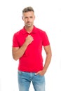 Perfect fit. Daily outfit. Man handsome in red shirt. Guy with bristle wear casual outfit. Model clothes shop. Menswear Royalty Free Stock Photo