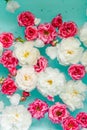 Perfect floral texture of colorful roses in water on blue background