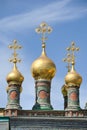 Perfect Golden Onion-Shape Domes with Crosses of Terem Churches Royalty Free Stock Photo