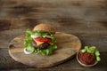 Perfect hamburger with beef patty, cheese, pickles, tomatoes, onions, lettuce on a wooden rustic background with copy space fo Royalty Free Stock Photo