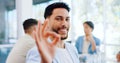 Perfect, happy and portrait of a businessman with a hand in a meeting for success, planning and ok. Smile, seminar and Royalty Free Stock Photo