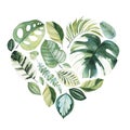 Perfect for Happy Valentines Day.Handpainted illustration with colorful tropical leaves