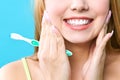 Perfect healthy teeth smile of a woman. Teeth Whitening. Dental health Concept. Promotional picture for a dental clinic.