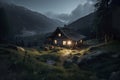 Perfect landscape background. Lonely hut inside a valley during dusk Royalty Free Stock Photo