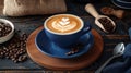 The Perfect Latte in Blue Cup.AI generated image Royalty Free Stock Photo
