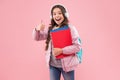 Perfect learning. Happy child give thumbs up pink background. Approval gesture. Hand sign. Little girl back to school