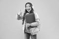 Perfect learning. Happy child give thumbs up pink background. Approval gesture. Hand sign. Little girl back to school