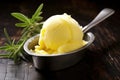 a perfect lemon sorbet in a rustic metal scoop