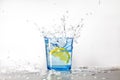 Perfect lemon splash in a blue glass of water