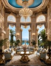 The Perfect Luxury Room for Relaxing and Entertaining: Gold, Cushions, Curtains, and Scenery