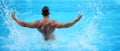 Perfect male Torso on blue water background. Maldives or Miami beach water. Handsome man having fun in summertime. Young