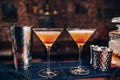 Perfect manhattan cocktails, alcoholic drinks. Fresh alcoholic beverages on bar counter Royalty Free Stock Photo