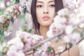 Portrait of a beautiful asian girl outdoors against spring blossom tree. Royalty Free Stock Photo